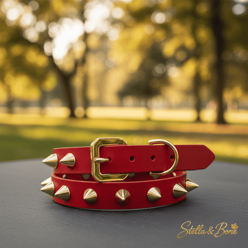 Artisan Gold Spike Dog Collar | Red | Vegetable-Tanned Leather | Stella & Bone