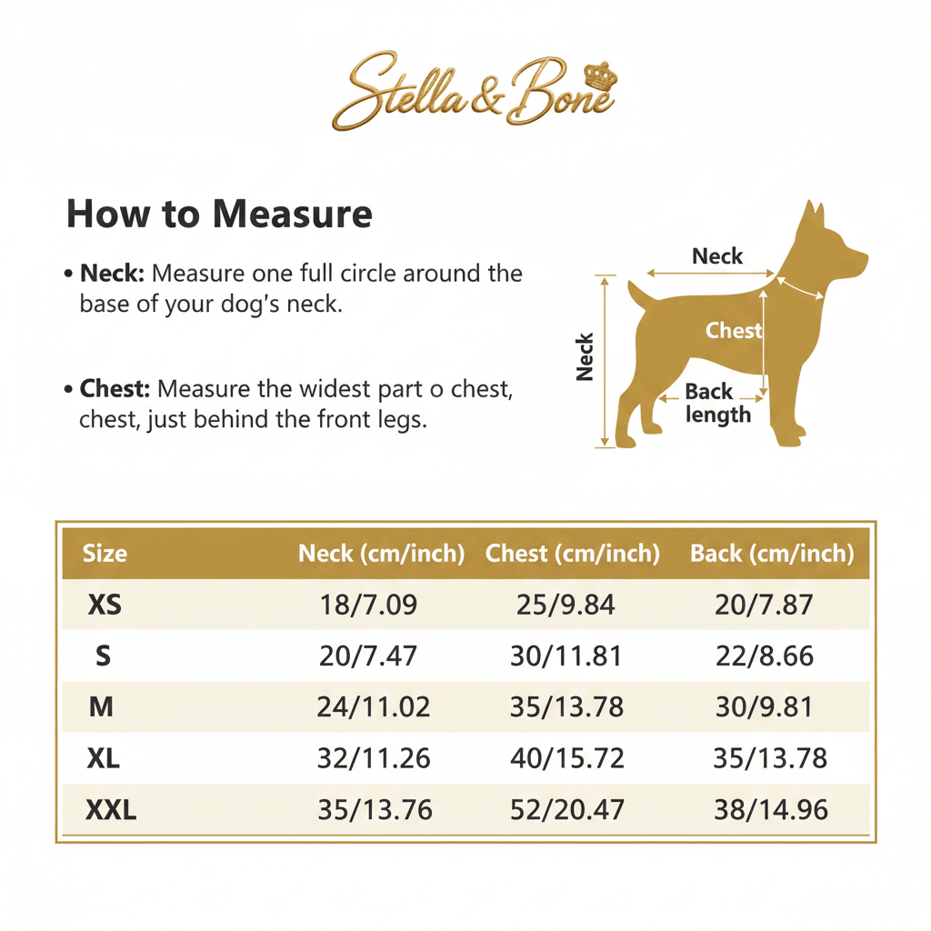Black Tie Pet Tuxedo size chart | Neck, chest & back measurements XS–XXL | Stella & Bone