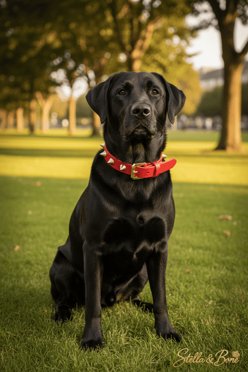 Artisan Gold Spike Dog Collar | Red | Vegetable-Tanned Leather | Stella & Bone