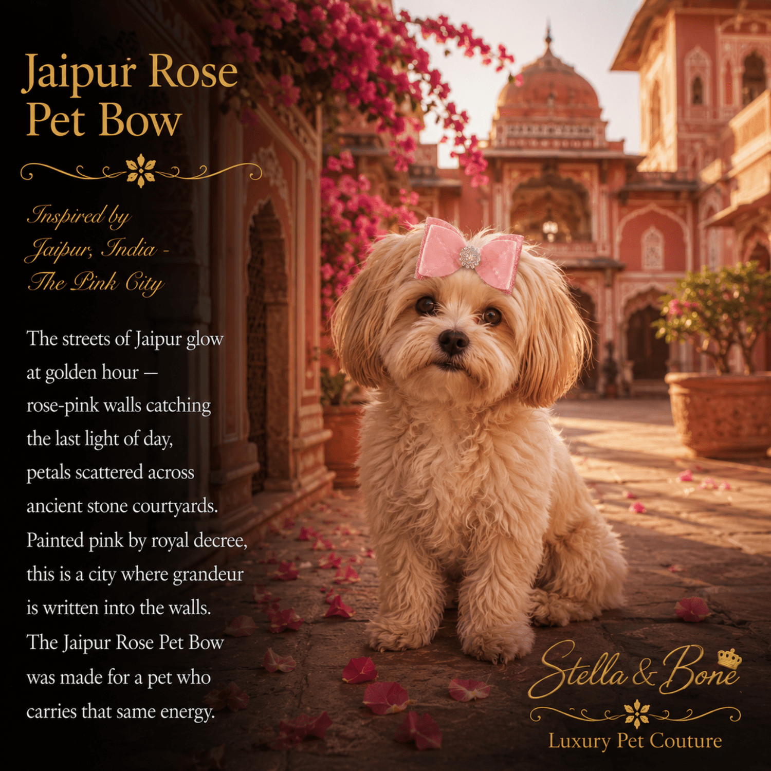 Cavapoo puppy wearing Jaipur Rose pink pet bow in courtyard of pink palace Jaipur India luxury dog accessory
