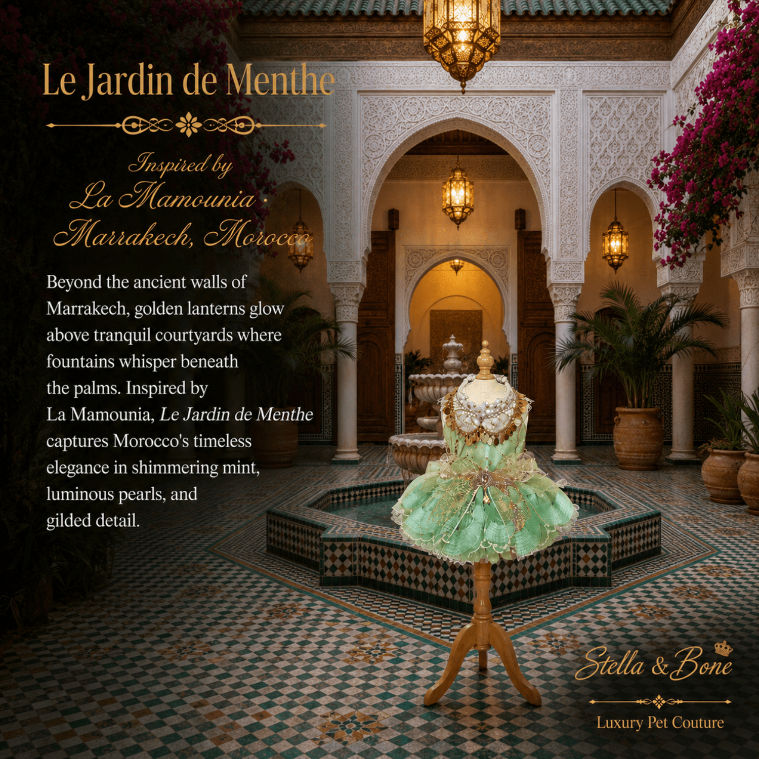 Le Jardin de Menthe Mint Garden Dog Dress — mint gold sequin dog dress on mannequin in Marrakech riad courtyard, birthday