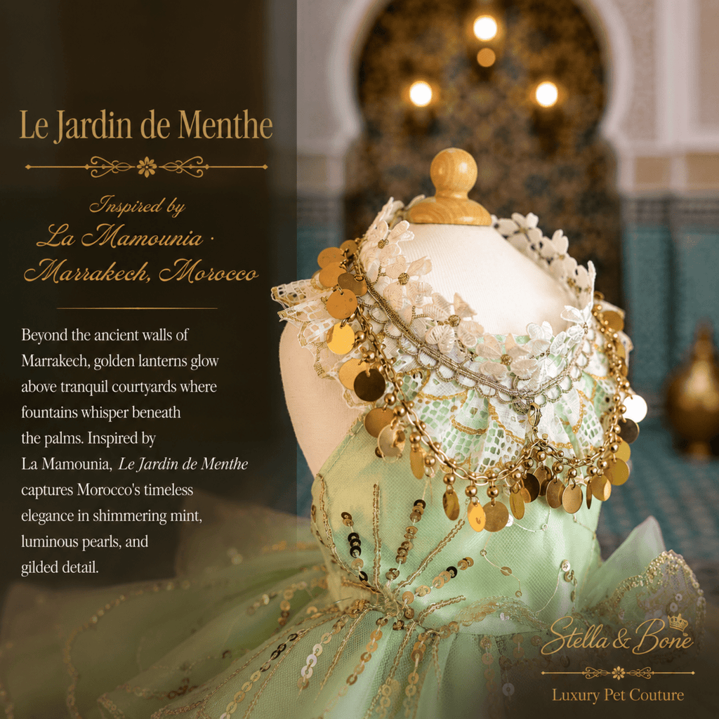 Le Jardin de Menthe Mint Garden Dog Dress — close-up of gold coin and pearl collar detail on mint luxury dog dress