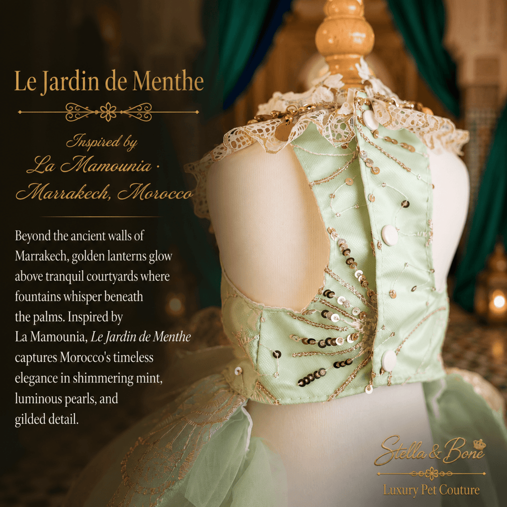 Le Jardin de Menthe Mint Garden Dog Dress — back view of mint sequin dog dress with open back and lace ruffle skirt