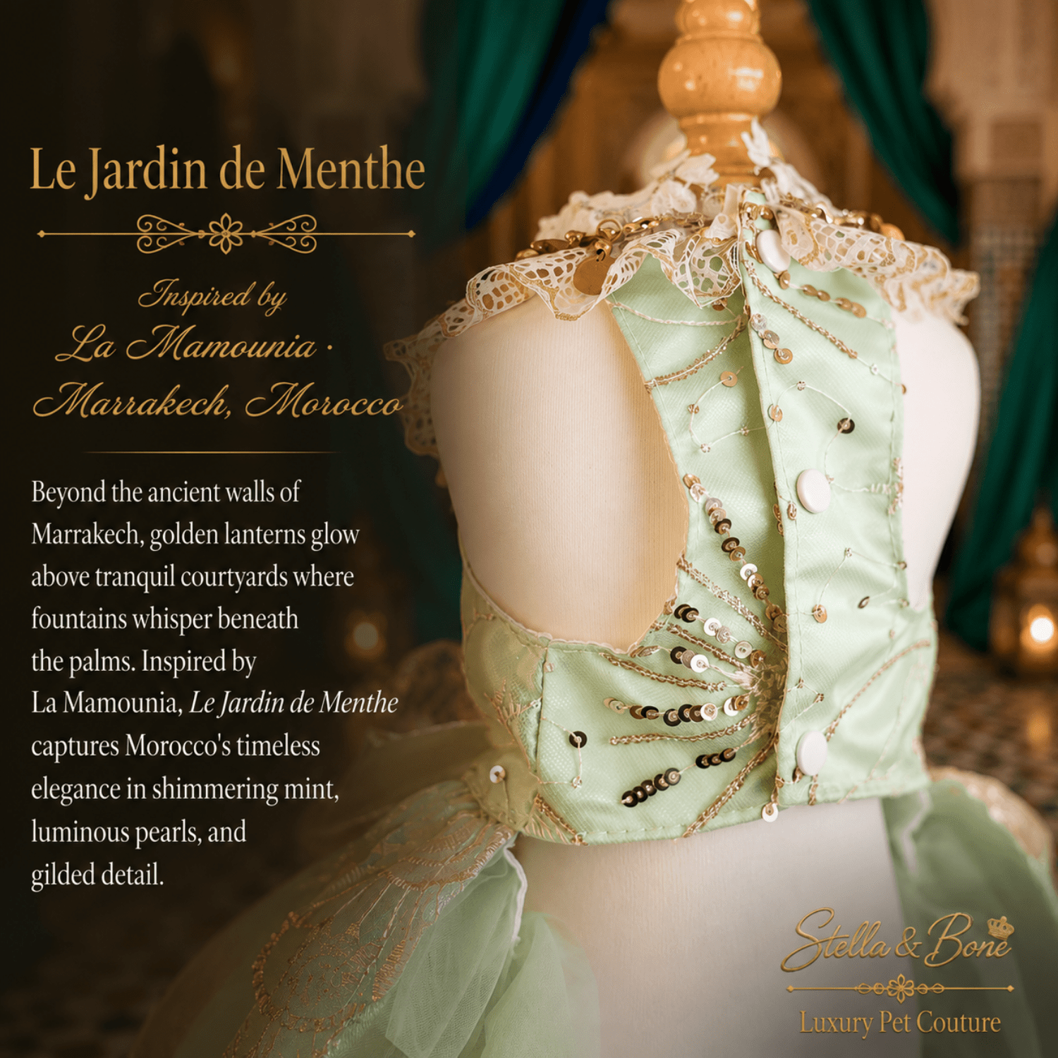Le Jardin de Menthe Mint Garden Dog Dress — back view of mint sequin dog dress with open back and lace ruffle skirt