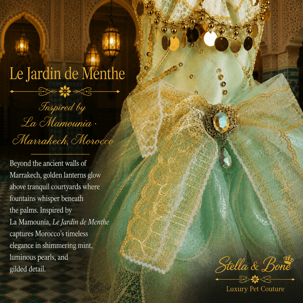 Le Jardin de Menthe Mint Garden Dog Dress — close-up of gold lace bow and aquamarine brooch on mint tulle dog dress