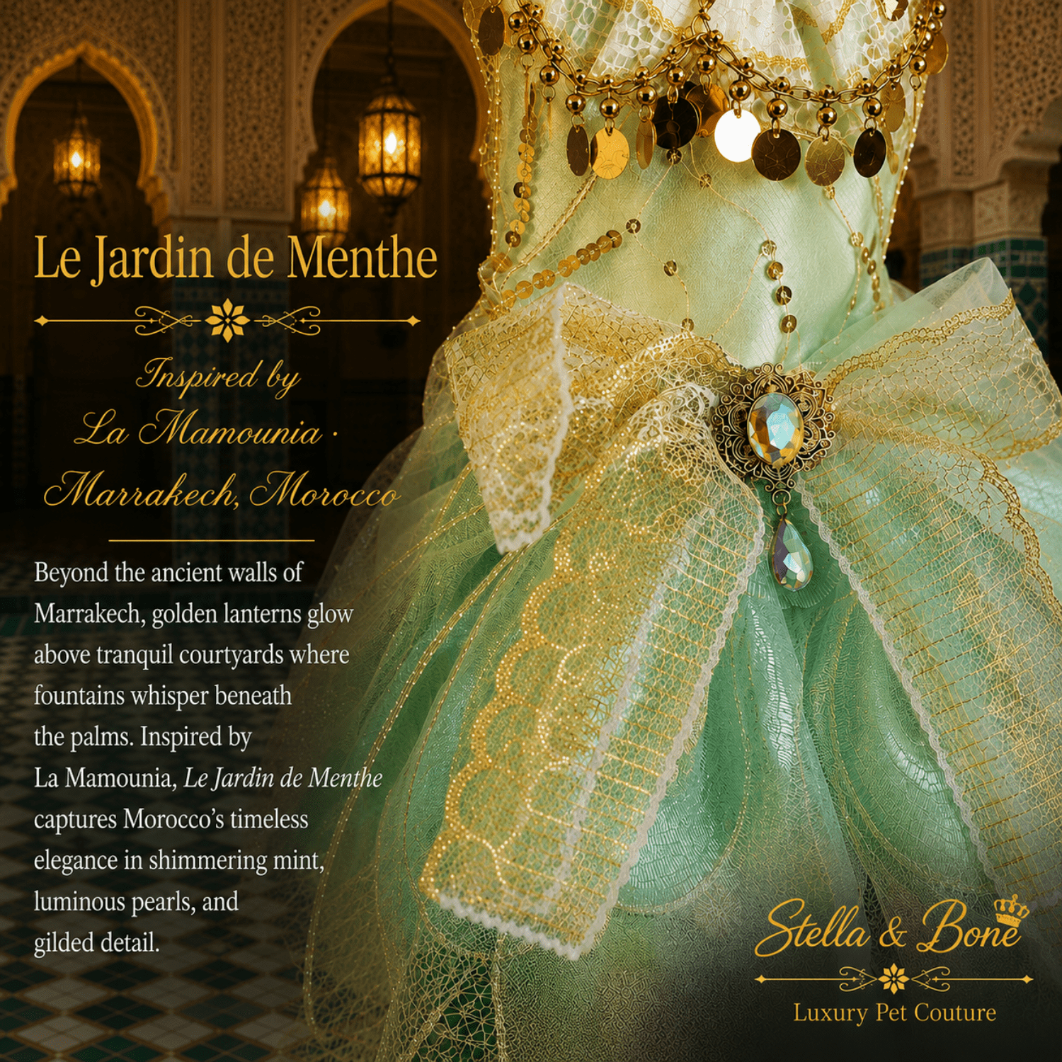 Le Jardin de Menthe Mint Garden Dog Dress — close-up of gold lace bow and aquamarine brooch on mint tulle dog dress