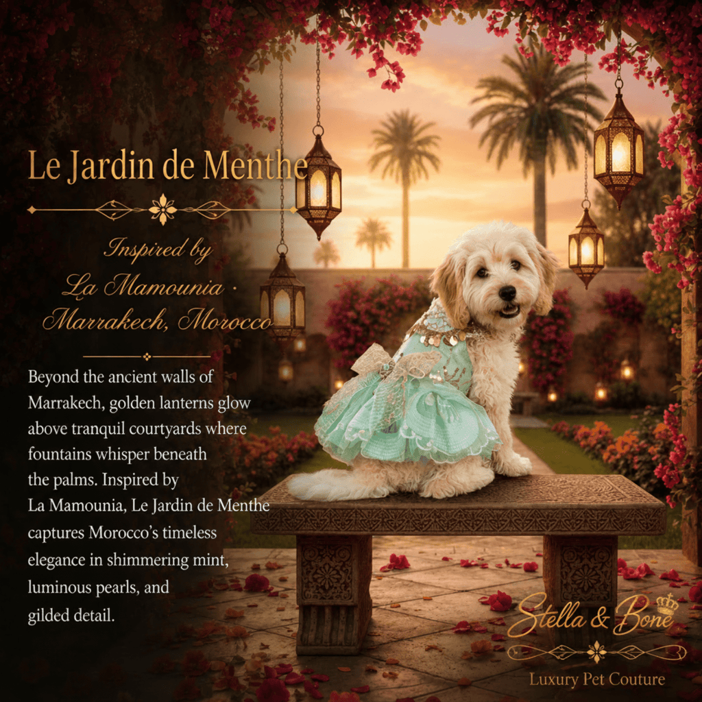 Le Jardin de Menthe Mint Garden Dog Dress — Maltipoo in mint gold dog dress for weddings and birthdays in Marrakech garden