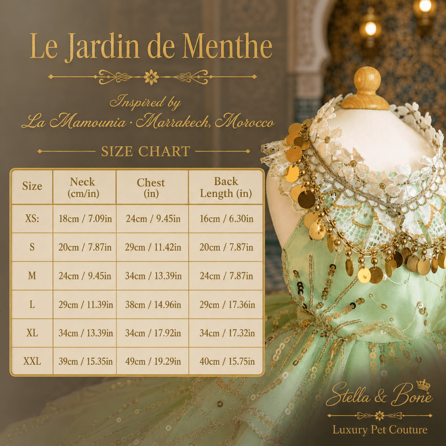 Le Jardin de Menthe Mint Garden Dog Dress — Maltipoo in mint gold dog dress for weddings and birthdays in Marrakech garden