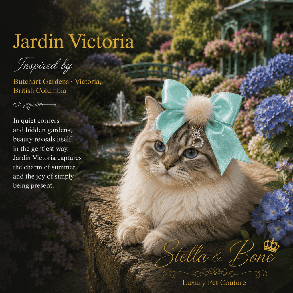 Cat wearing the blue Jardin Victoria rhinestone and mink pom bow barrette. Luxury accessories for pets