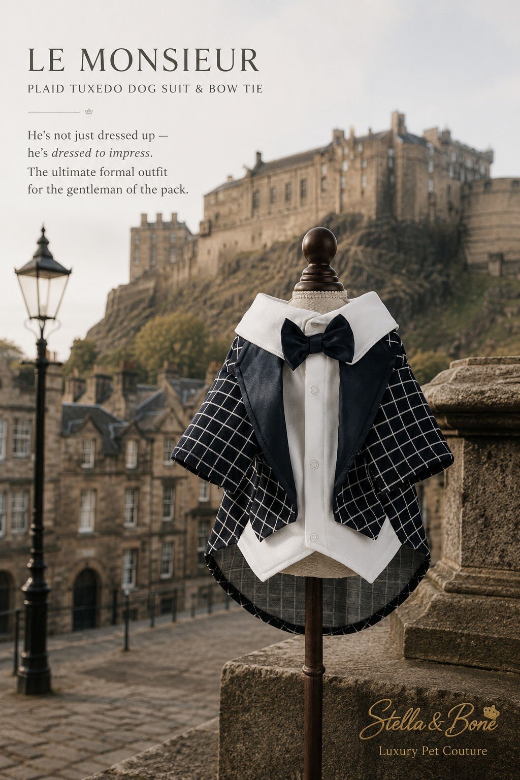 Le Monsieur | Plaid Tuxedo Dog Suit & Bow Tie | Stella & Bone