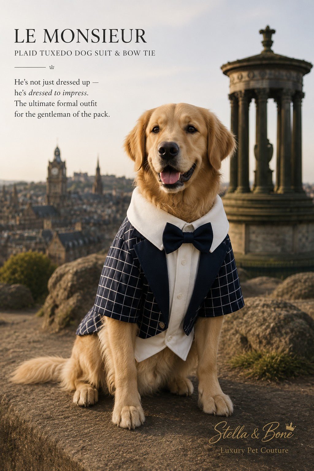 Le Monsieur | Plaid Tuxedo Dog Suit & Bow Tie | Stella & Bone