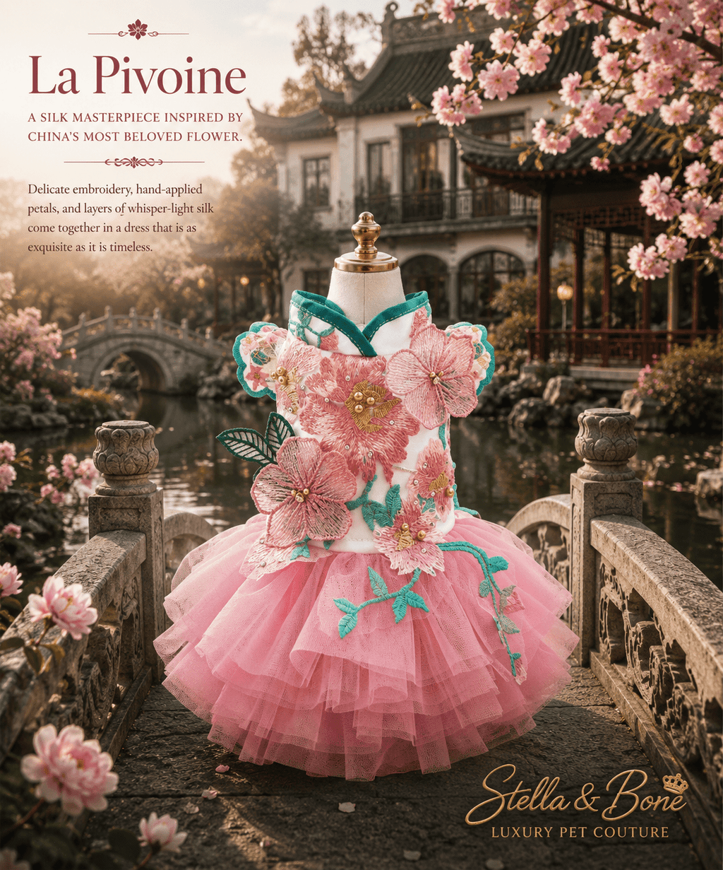 La Pivoine | Silk Embroidery Peony Dog Dress | Stella & Bone