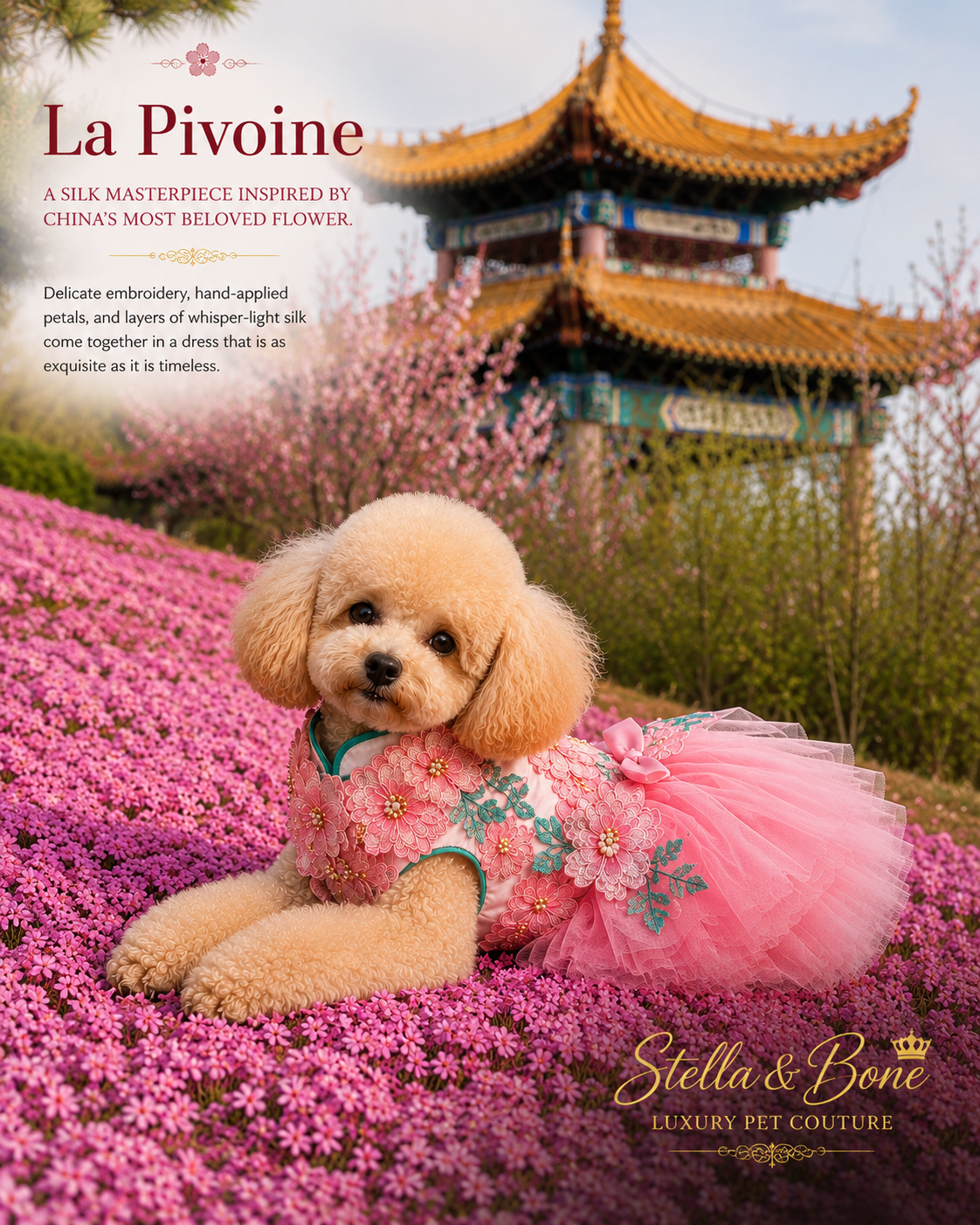 La Pivoine | Silk Embroidery Peony Dog Dress | Stella & Bone