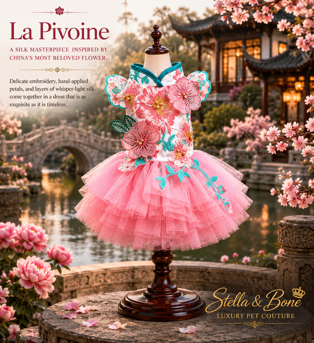 La Pivoine | Silk Embroidery Peony Dog Dress | Stella & Bone