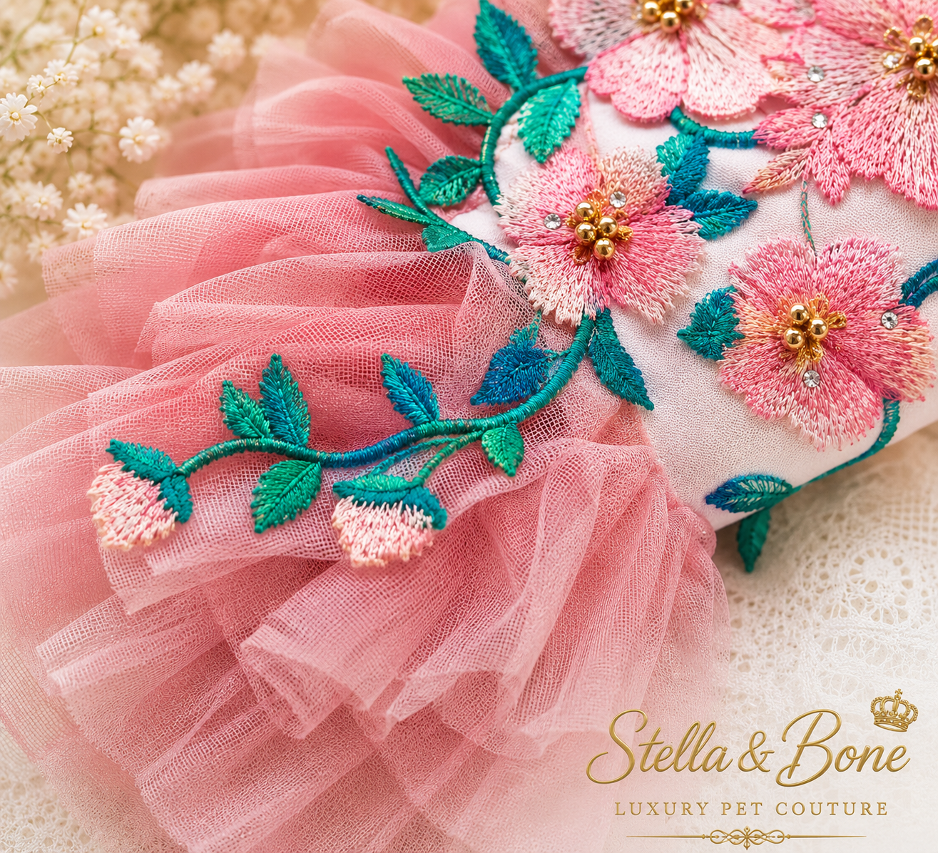 La Pivoine | Silk Embroidery Peony Dog Dress | Stella & Bone