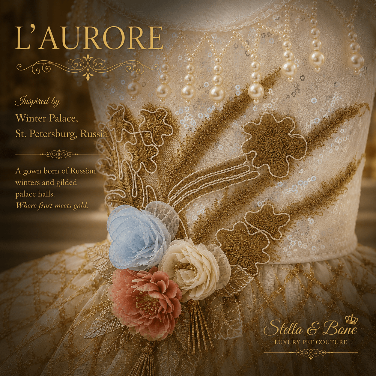 Close-up of L Aurore shimmering gold detail with bows and pearl accents. Luxurious gown for dogs
