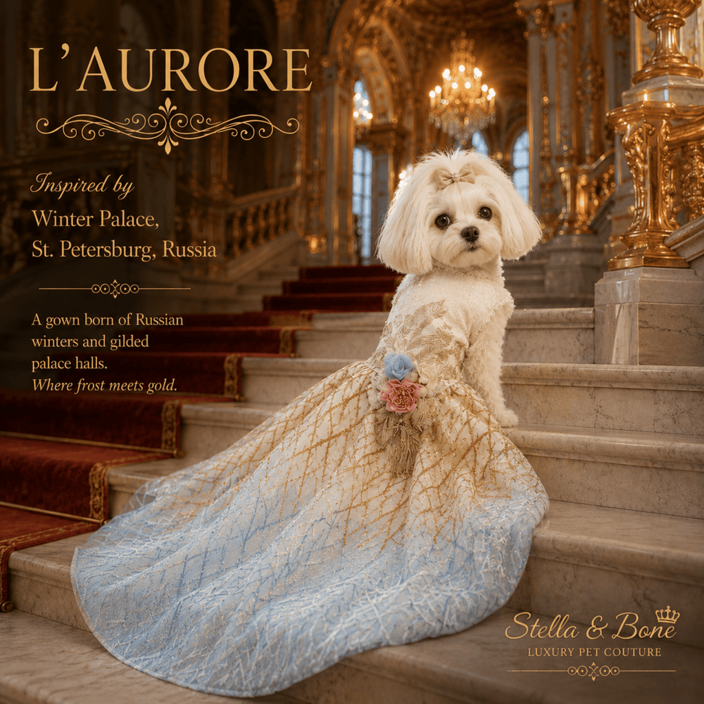 L Aurore gold blue princess dog gown on Maltese at Winter Palace — luxury dog wedding dress for small dogs