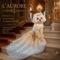 L Aurore gold blue princess dog gown on Maltese at Winter Palace — luxury dog wedding dress for small dogs