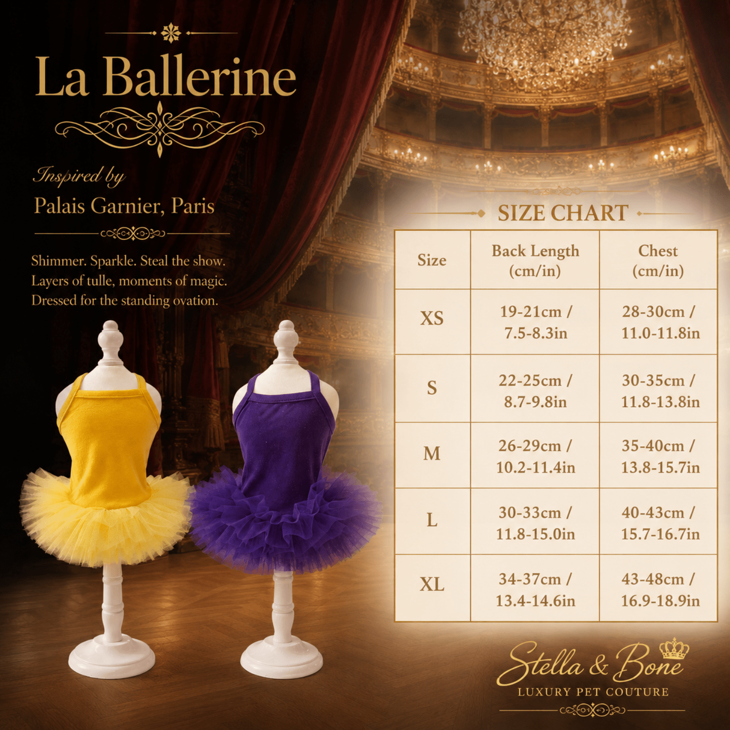 La Ballerine Size Chart XS-XL for dogs, Inspired by  Palais Garnier, Paris