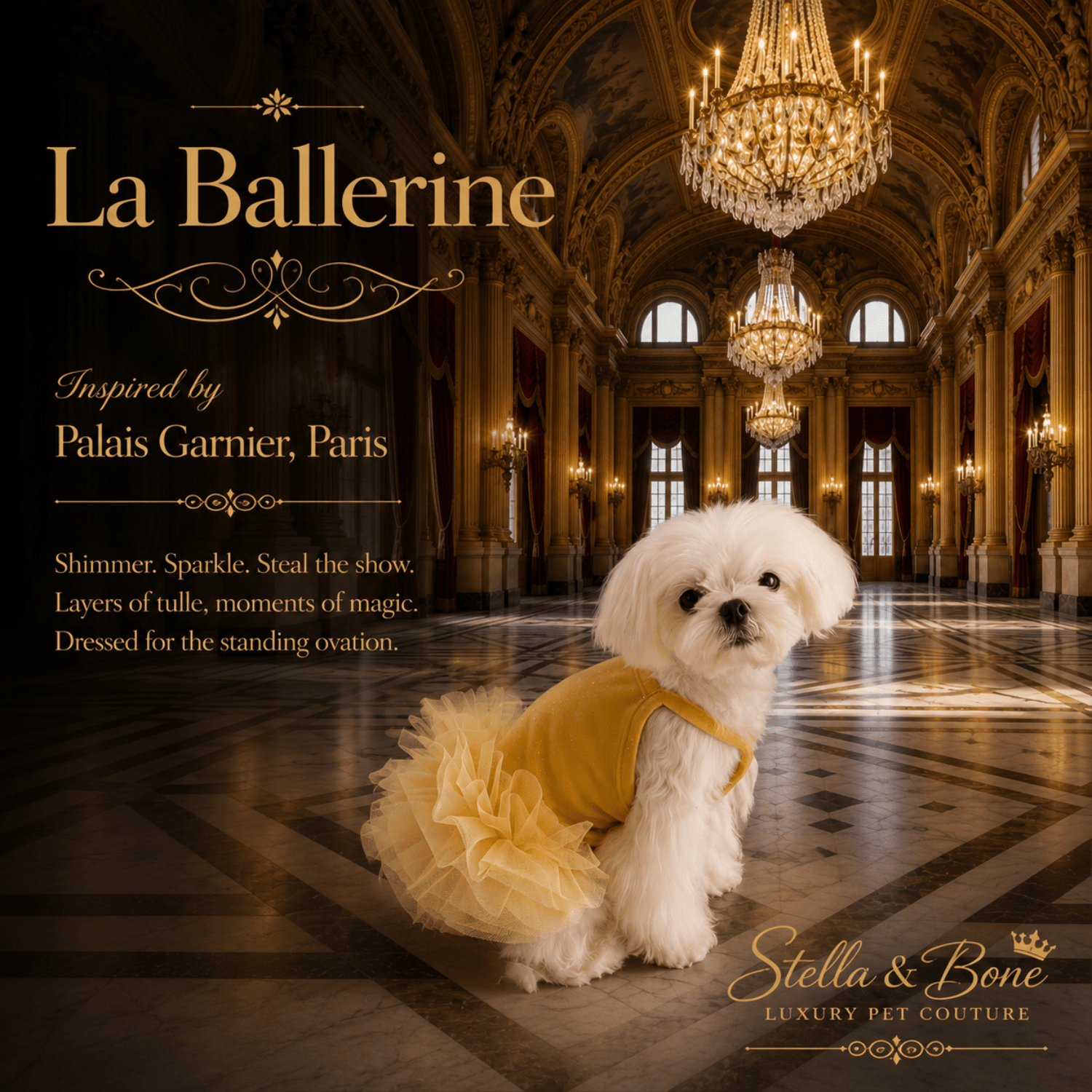 Small white dog in Paris wearing La Ballerine in yellow - lightweight sleeveless design, ease of movement. Great for birthday