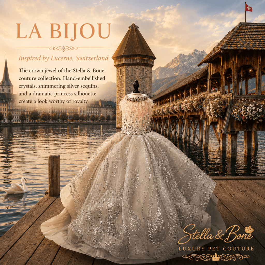 La Bijou silver sequin dog gown on mannequin at Lucerne Chapel Bridge — bejeweled princess dog gown for weddings