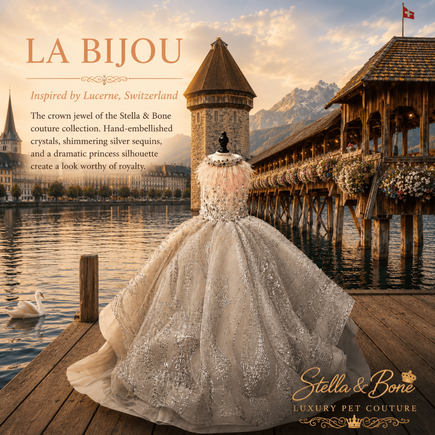 La Bijou silver sequin dog gown on mannequin at Lucerne Chapel Bridge — bejeweled princess dog gown for weddings
