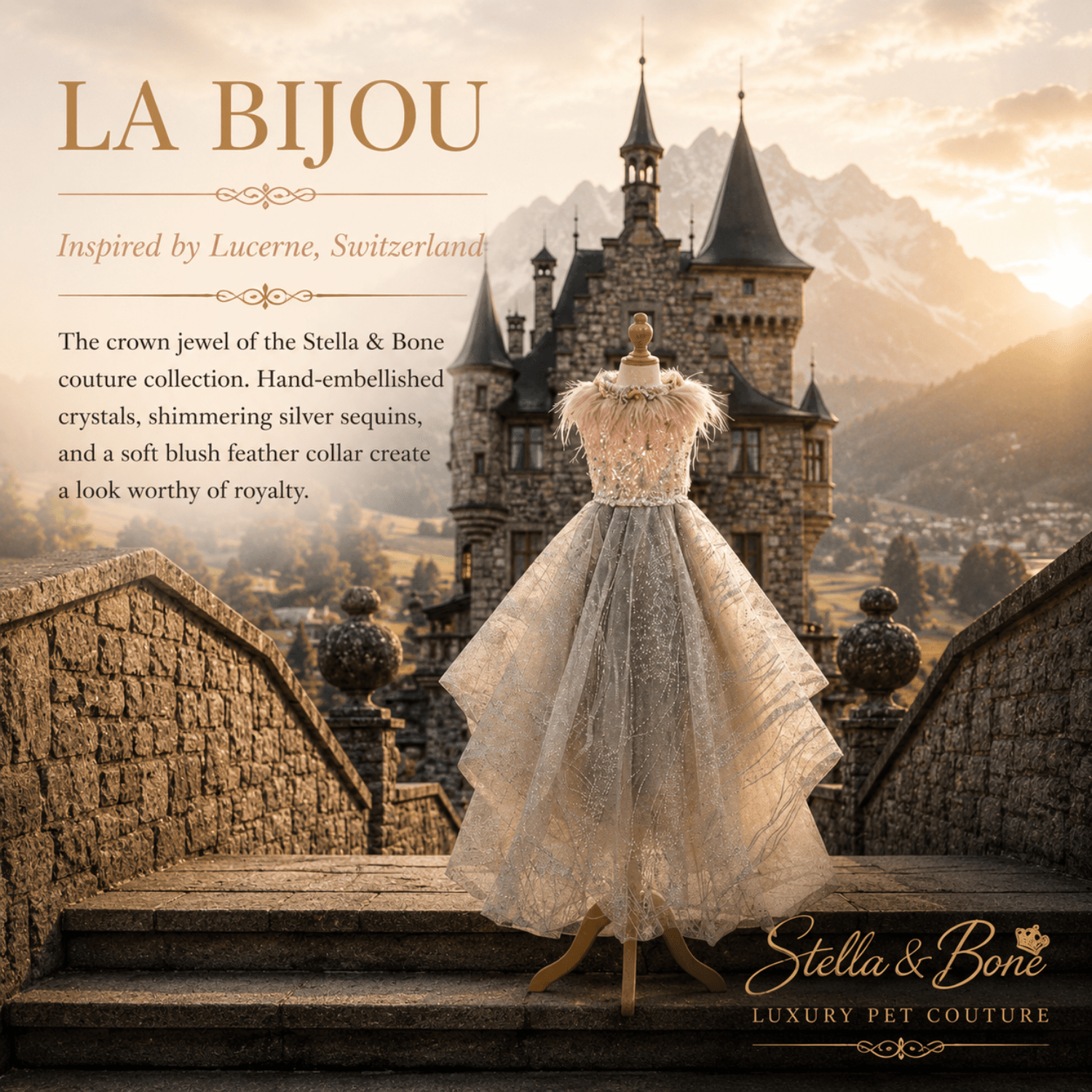 La Bijou bejeweled sequin dog gown on mannequin at Swiss castle terrace — formal princess dog gown for special occasions