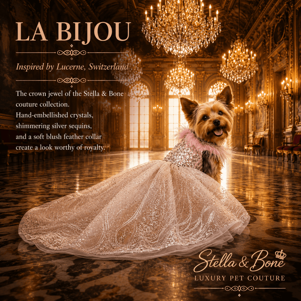Yorkshire Terrier in La Bijou, champagne lace gown with feathered pink collar. Perfect for wedding, birthday or formal