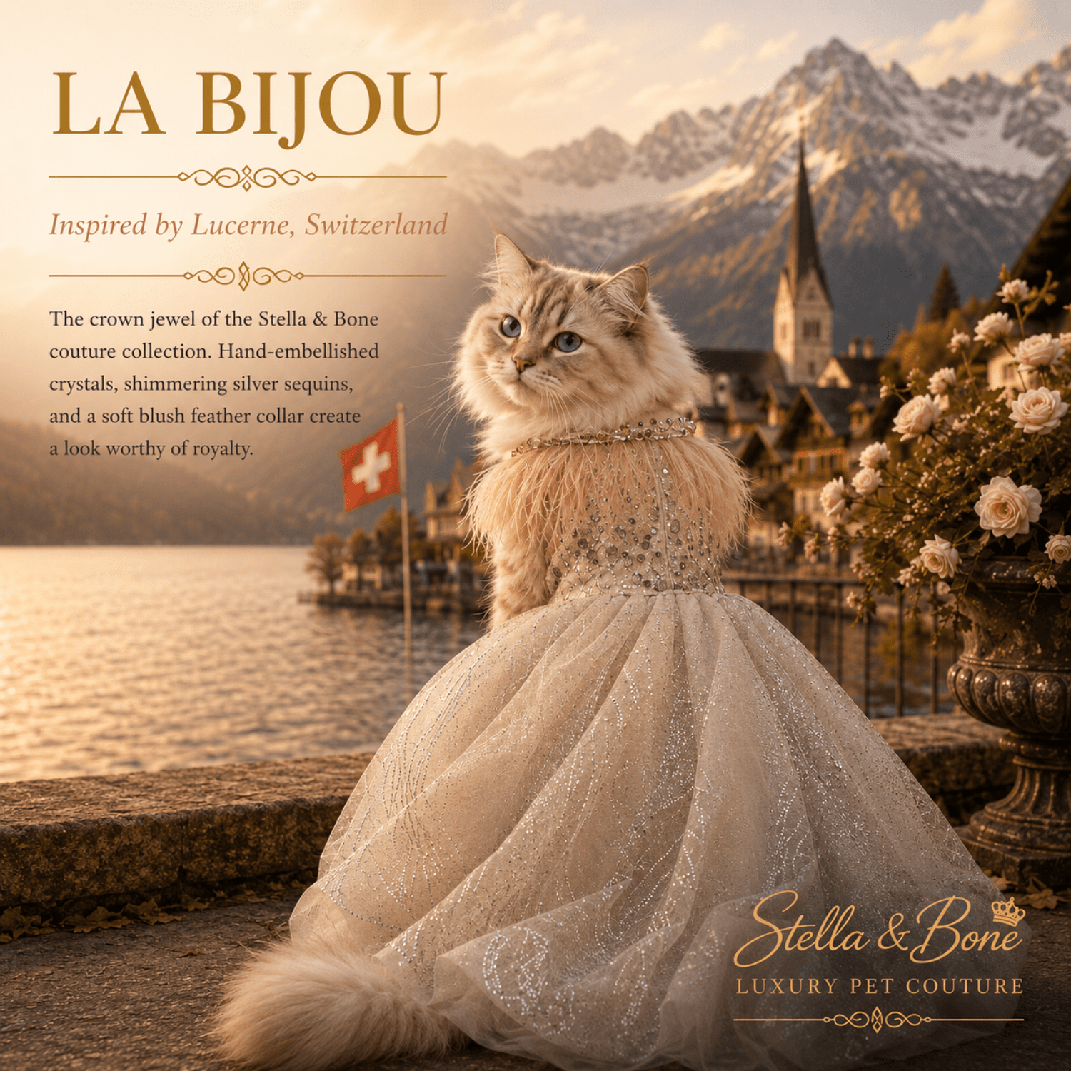 Cat wearing La Bijou overlooking the water in Lucerne, Switzerland, champagne gown with pink feather bejeweled collar