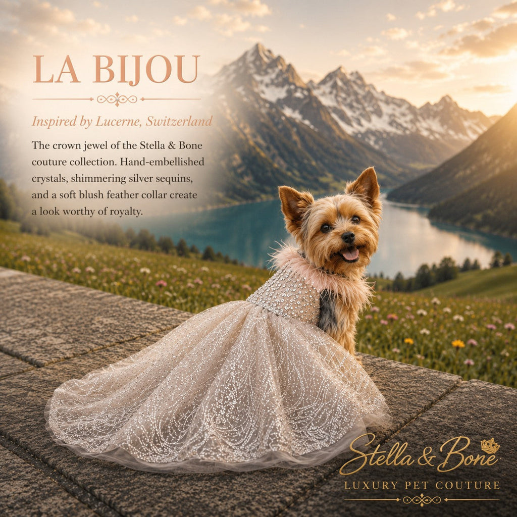 Yorkshire Terrier in La Bijou sequin feather dog gown in Swiss Alpine meadow — luxury crystal dog gown for photo shoots