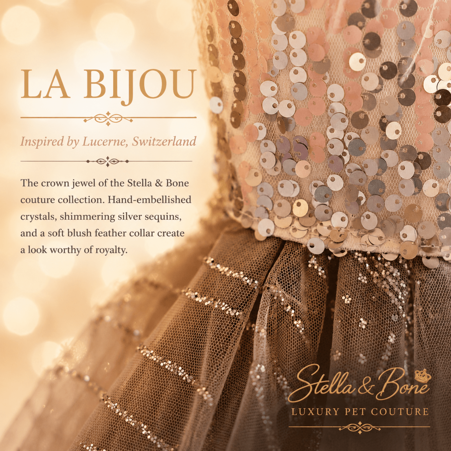 La Bijou close-up of purple sequin floral embroidery on layered tulle — luxury formal dog gown fabric detail