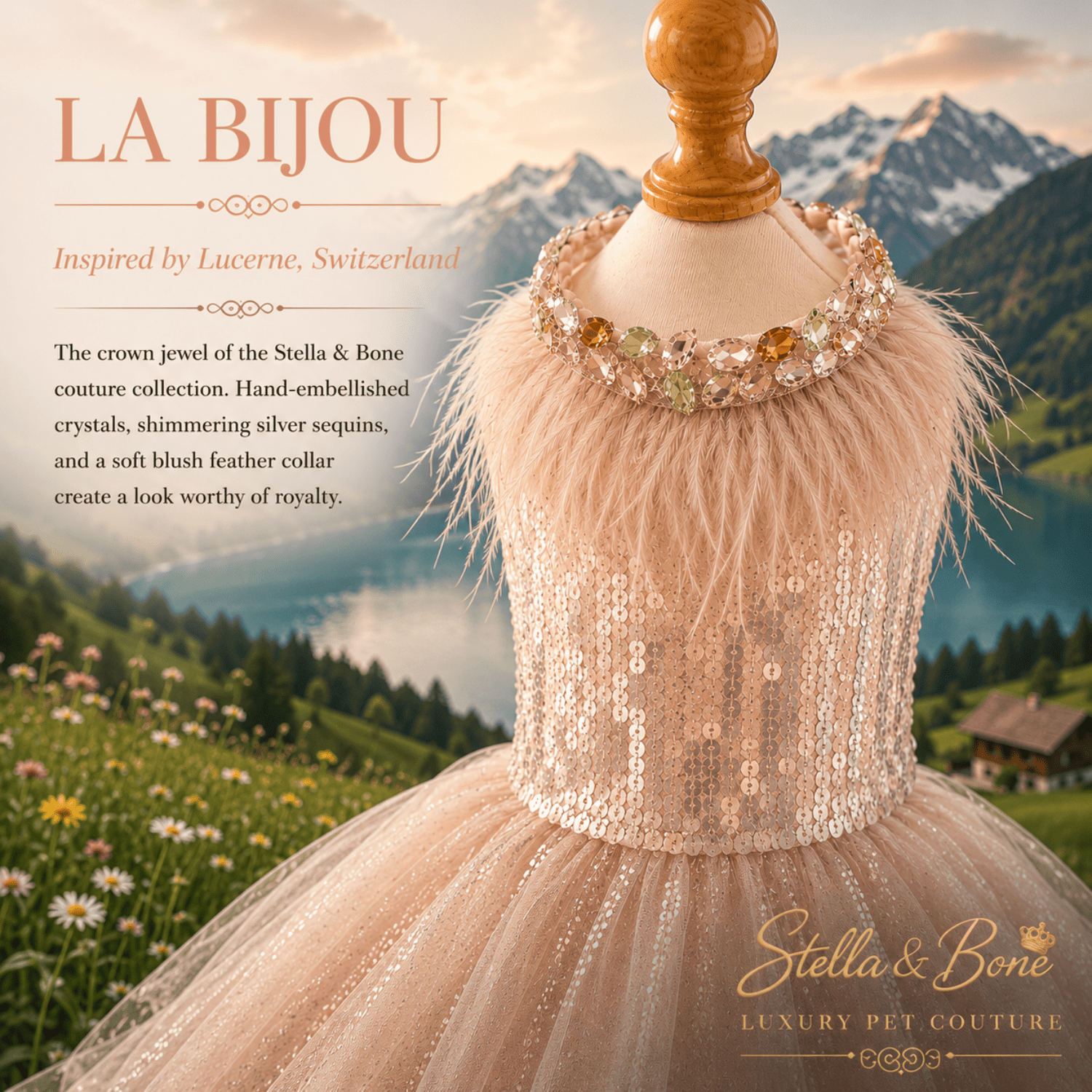 La Bijou close-up of pink feathered bejeweled collar — couture dog gown detail perfect for weddings