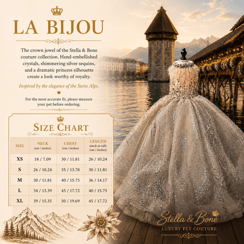 Size chart for La Bijou pet gown with sizes XS through XL.