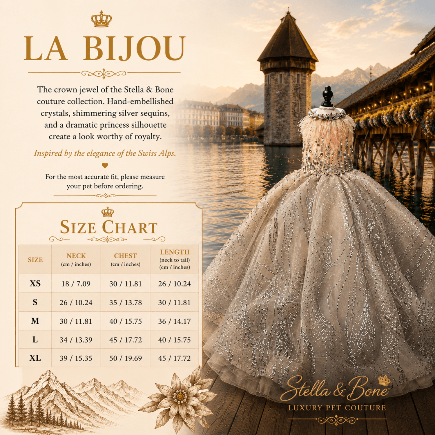 Size chart for La Bijou pet gown with sizes XS through XL.