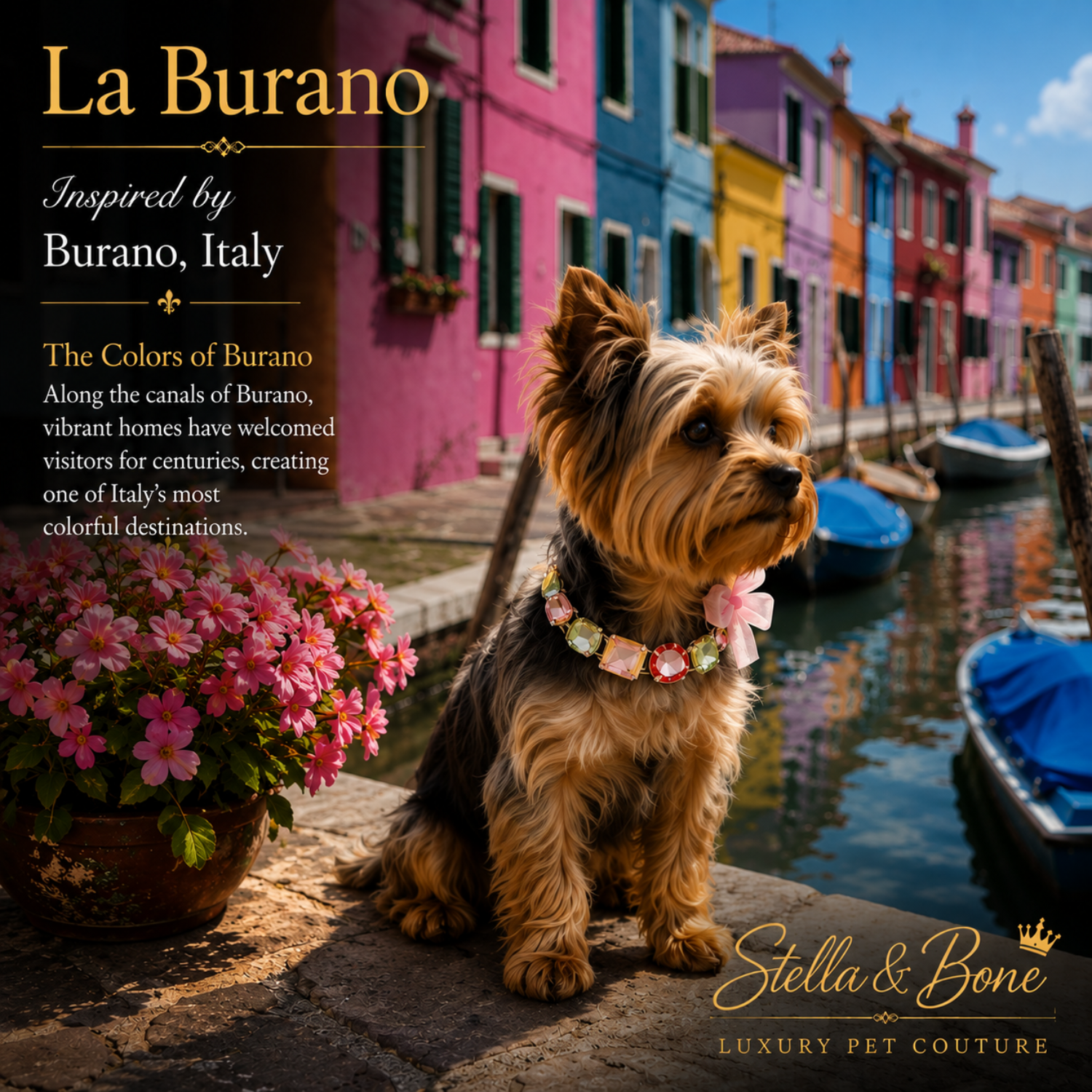 Yorkie by a canal in a colorful Italian village, wearing a floral collar., La Burano. Weddings, Birthday, Pet modeling