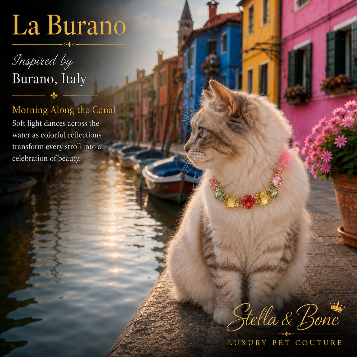 Cat wearing La Burano, multi-colored gemstone necklace. Perfect for wedding, birthday, photoshoot