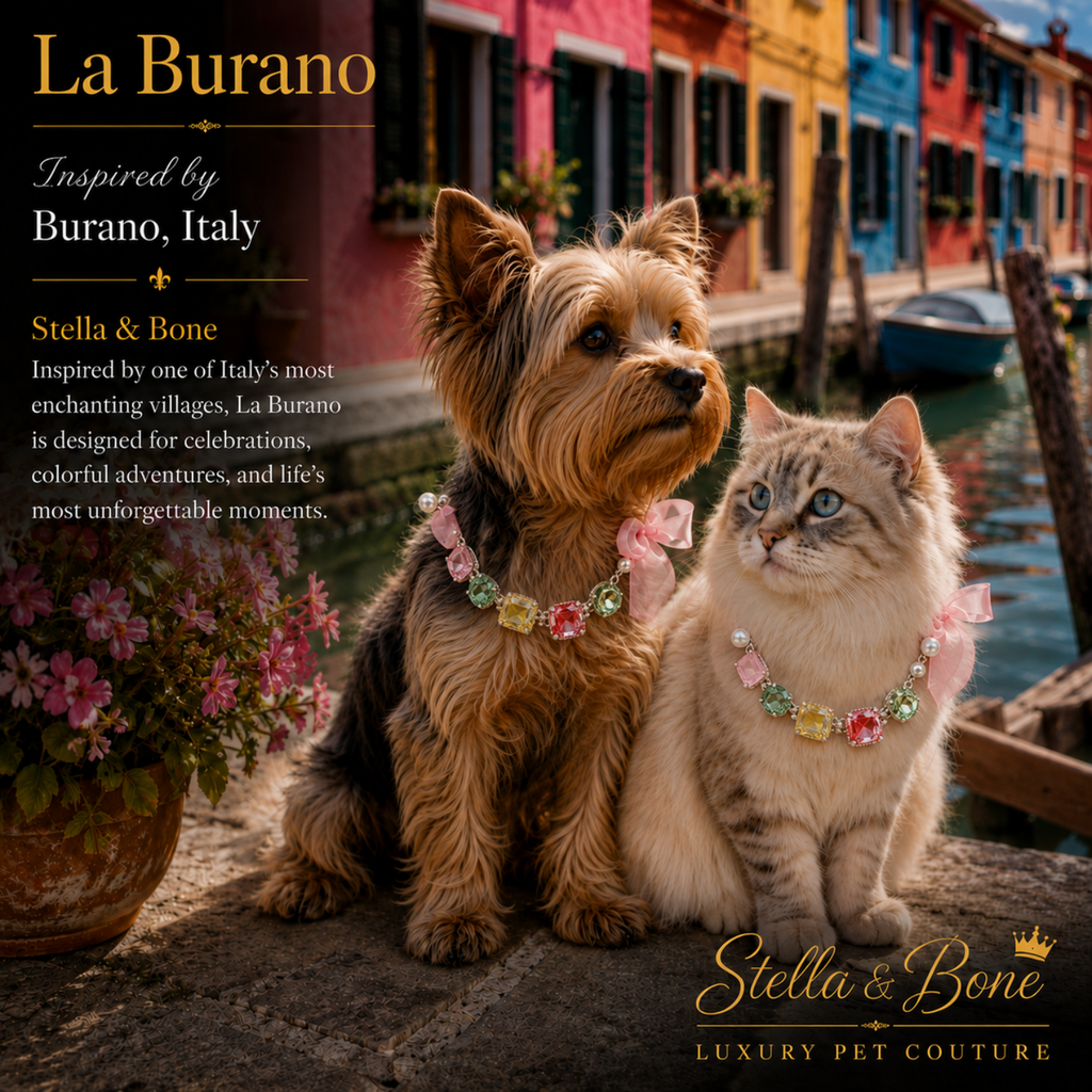 Dog and cat wearing La Burano, gemstone necklace. Perfect for weddings, birthday, photoshoot