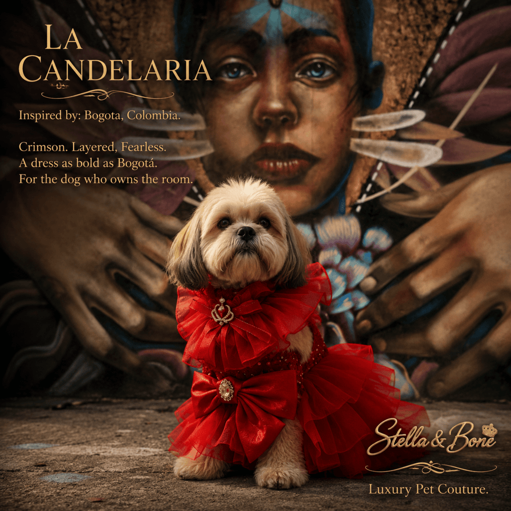 Small dog in crimson layered ballgown posed against Bogota Colombia street art mural luxury pet couture