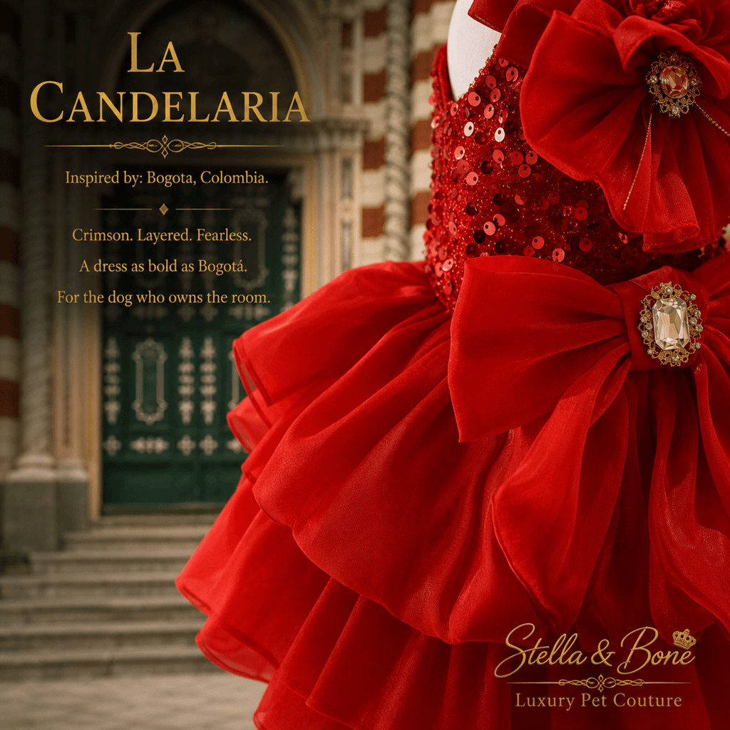 La Candelaria crimson sequin dog dress with velvet bows and gold jewel brooches at Bogota colonial church