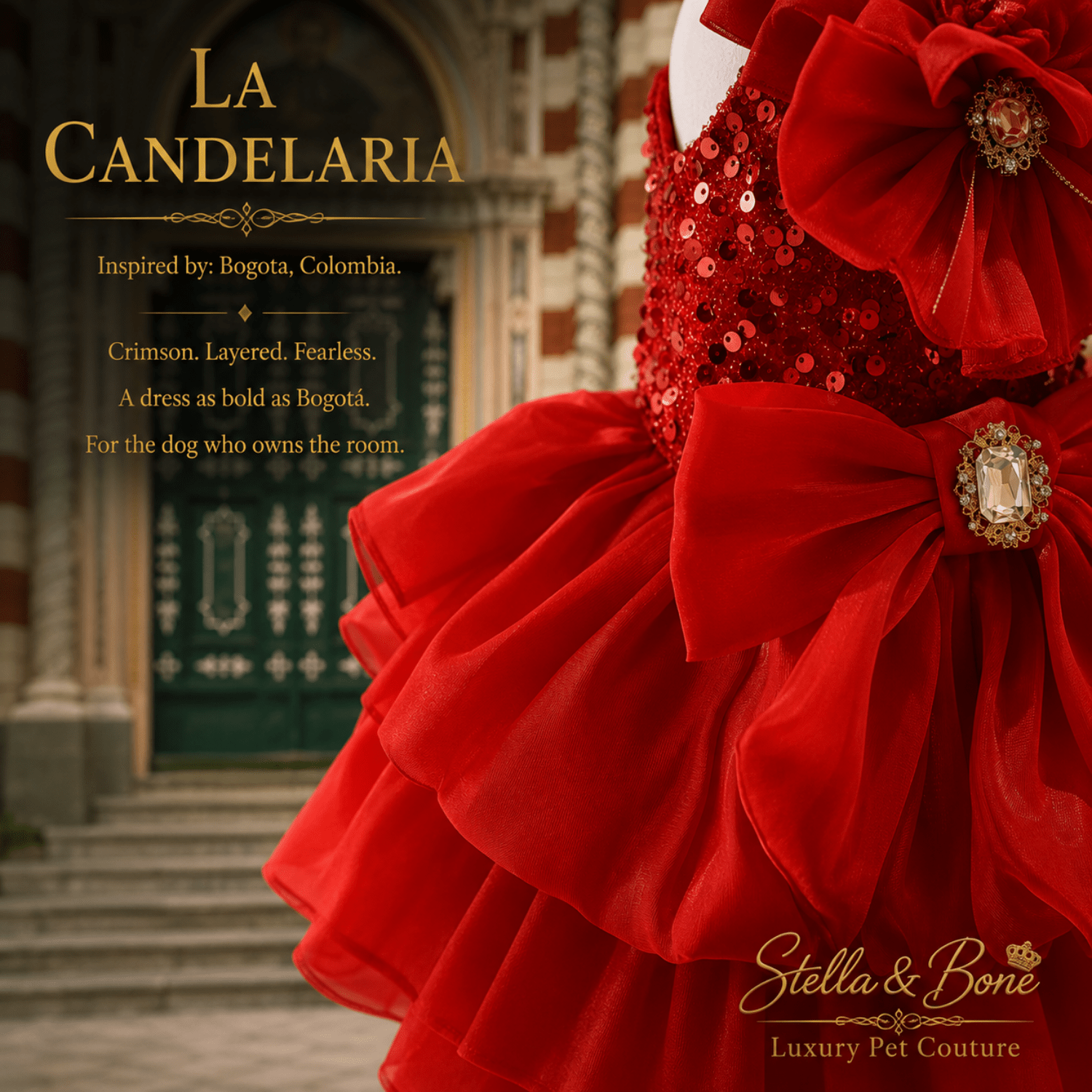 La Candelaria crimson sequin dog dress with velvet bows and gold jewel brooches at Bogota colonial church