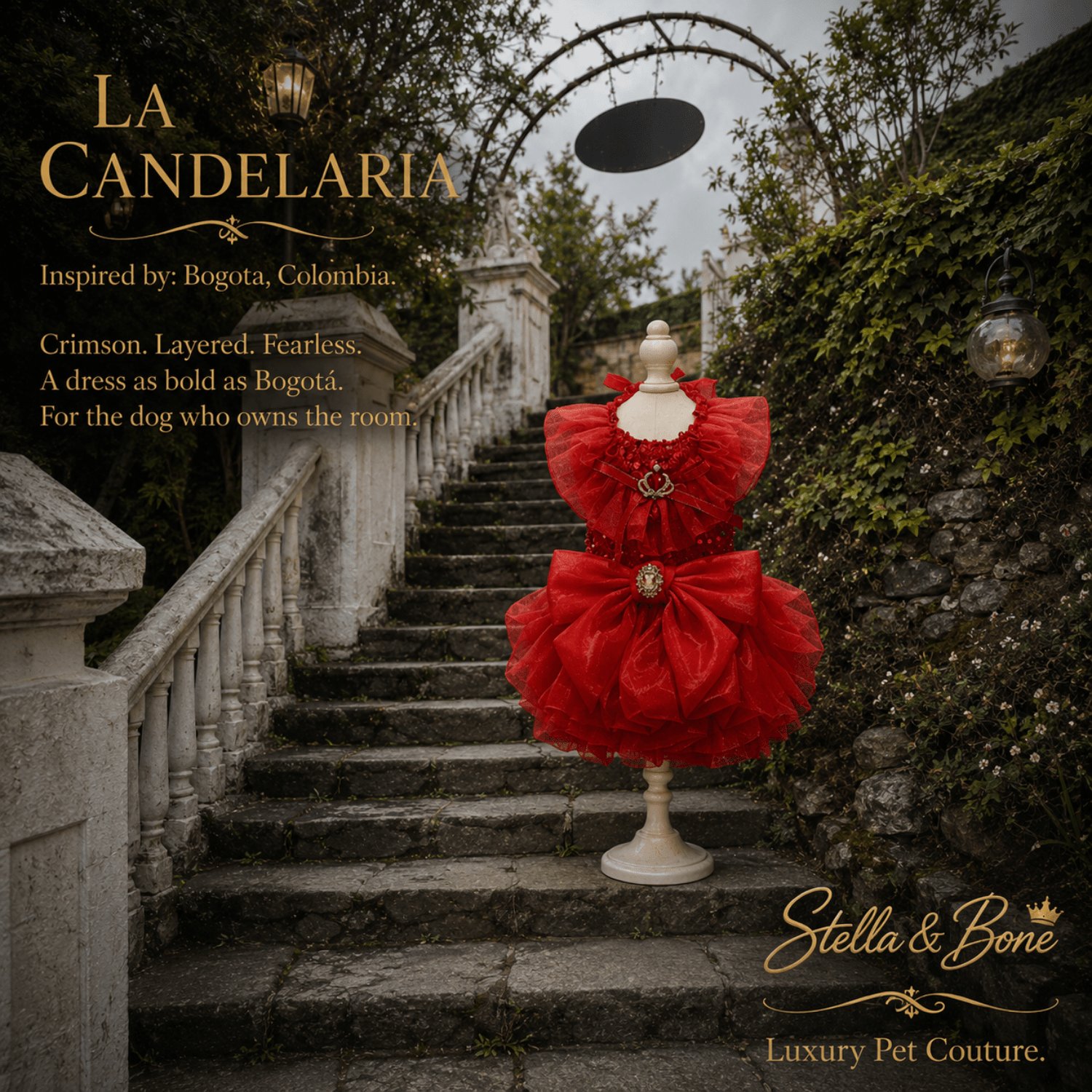 La Candelaria (collection name), crimson ruffle dog dress, and the architectural backdrop.