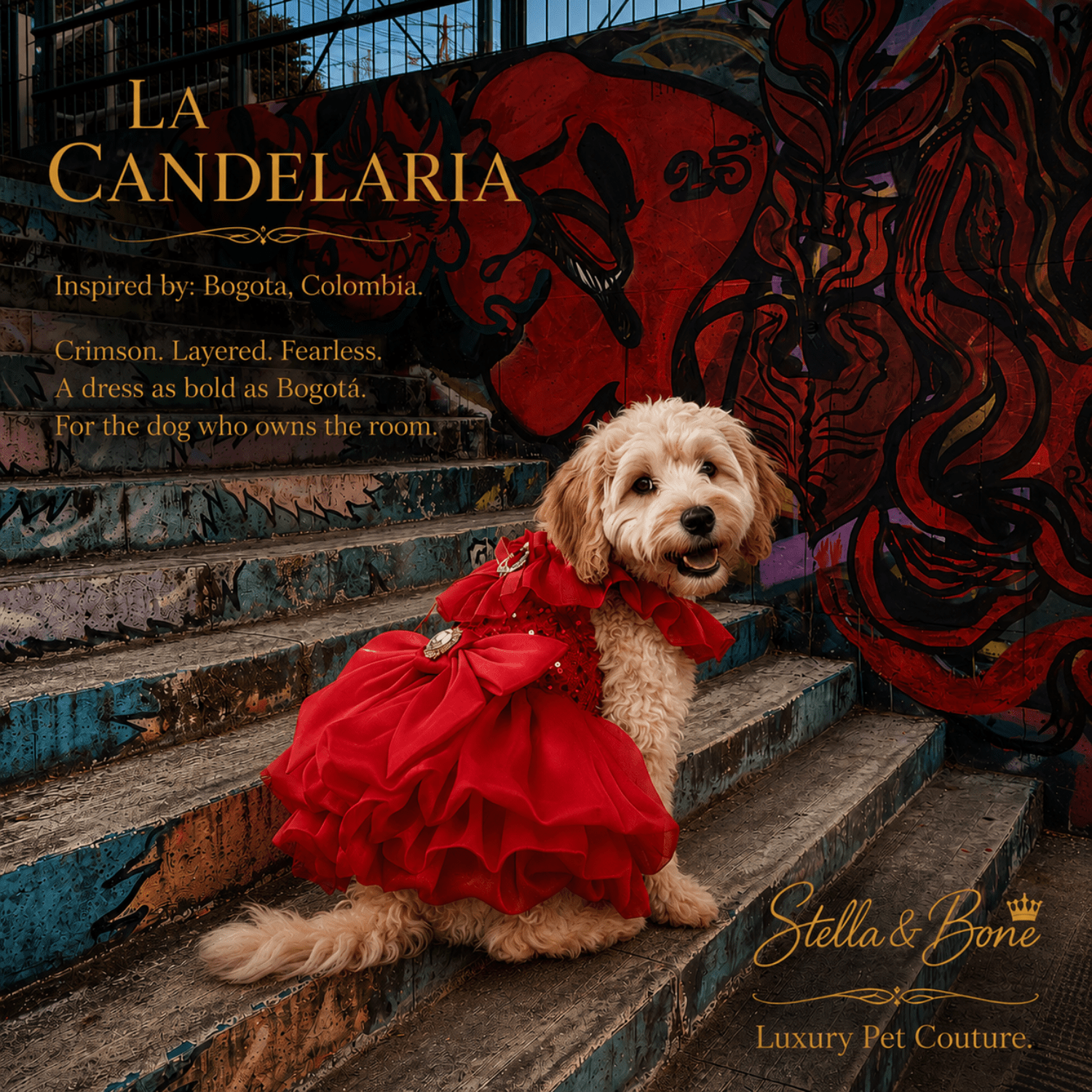 Goldendoodle in La Candelaria, crimson layered dog dress for quinceanera or birthday on Bogota graffiti steps