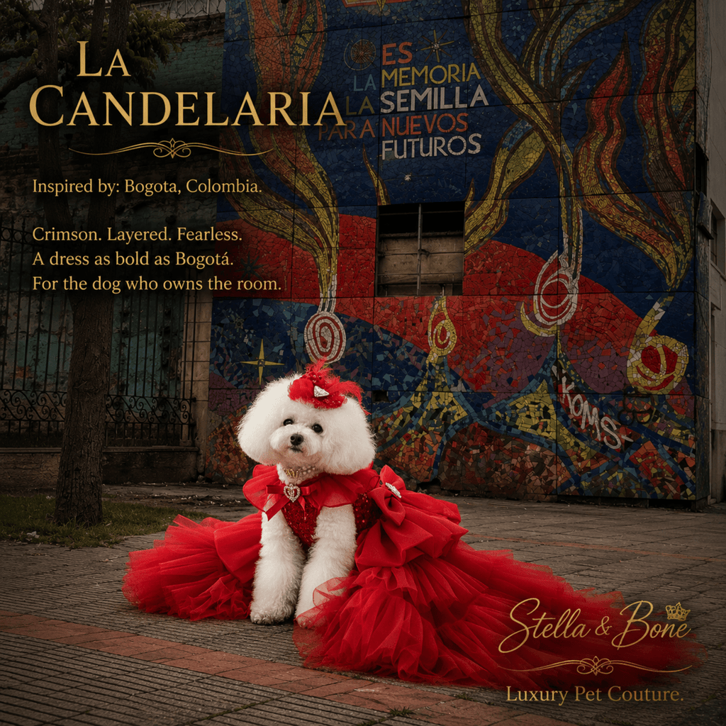White Bichon Frise in red tulle ballgown for special occasions posed on Bogota Colombia street