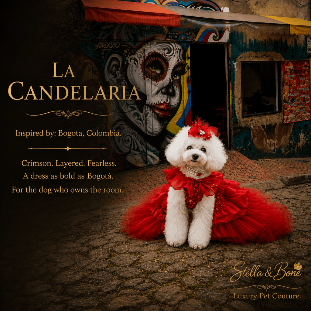 White Bichon Frise in red tulle ballgown, La Candelaria with pearl necklace on cobblestone street La Candelaria Bogota