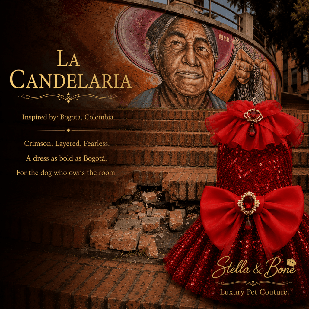 Close up of La Candelaria, crimson sequin dog dress with satin bow and ruby gem brooch detail La Candelaria Bogota