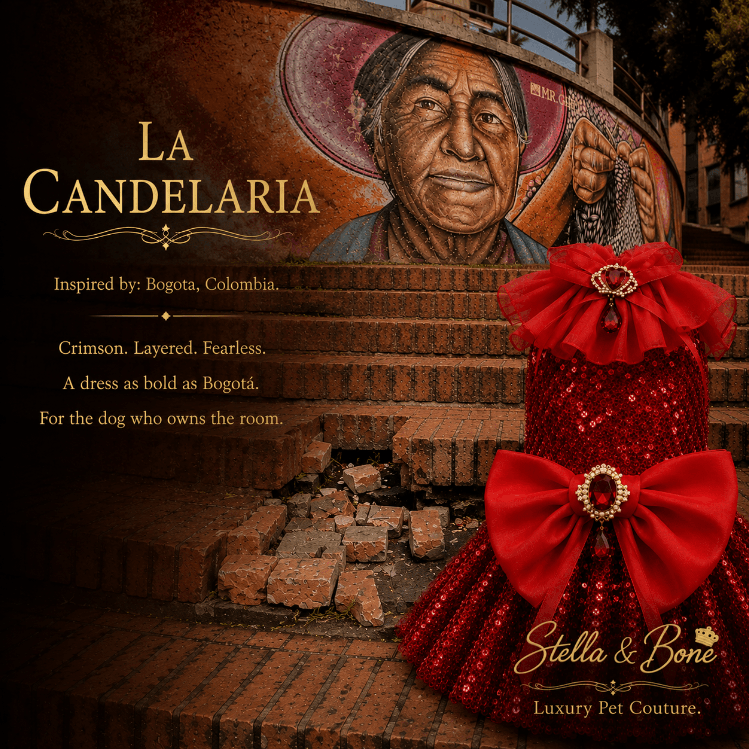 Close up of La Candelaria, crimson sequin dog dress with satin bow and ruby gem brooch detail La Candelaria Bogota