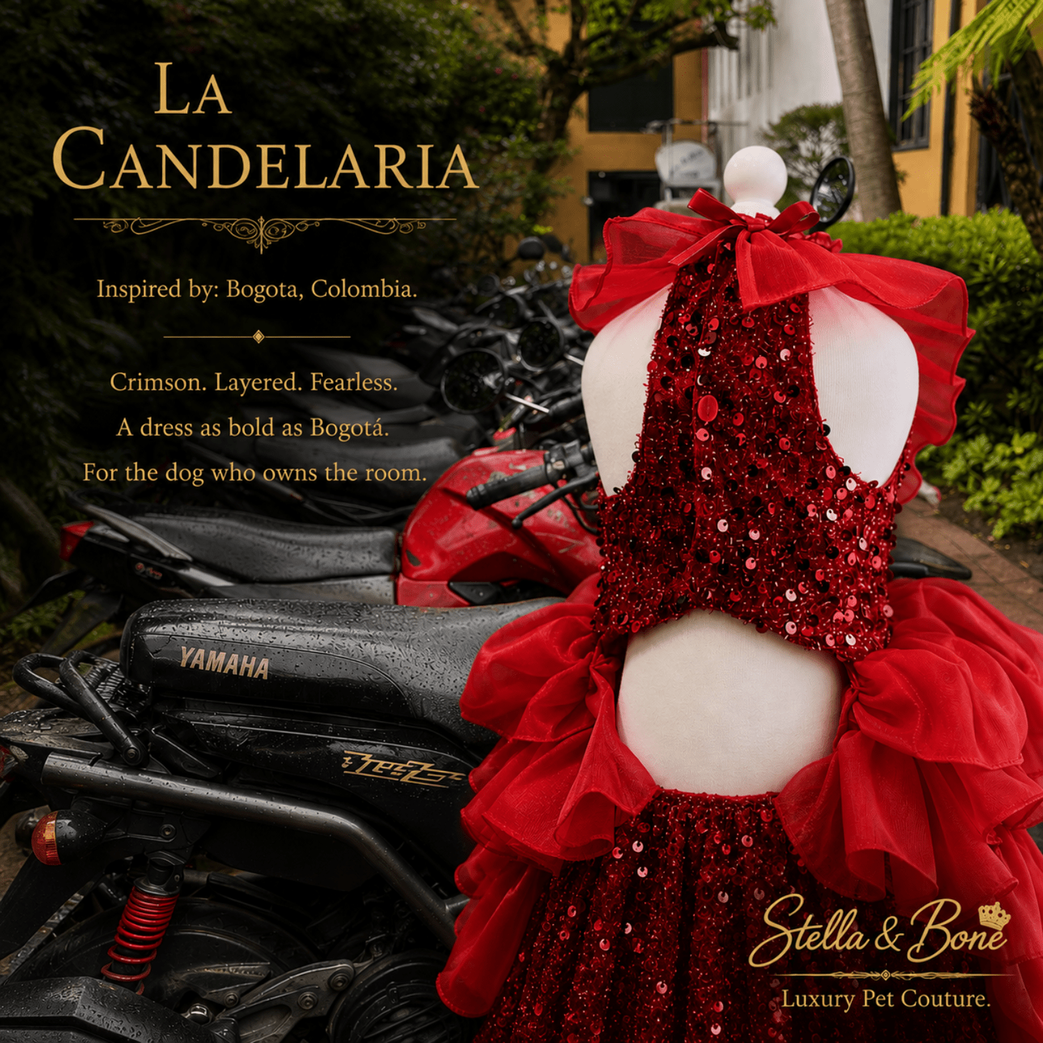 Back view of La Candelaria, crimson sequin open back dog dress with ruffle skirt on mannequin Bogota Colombia street