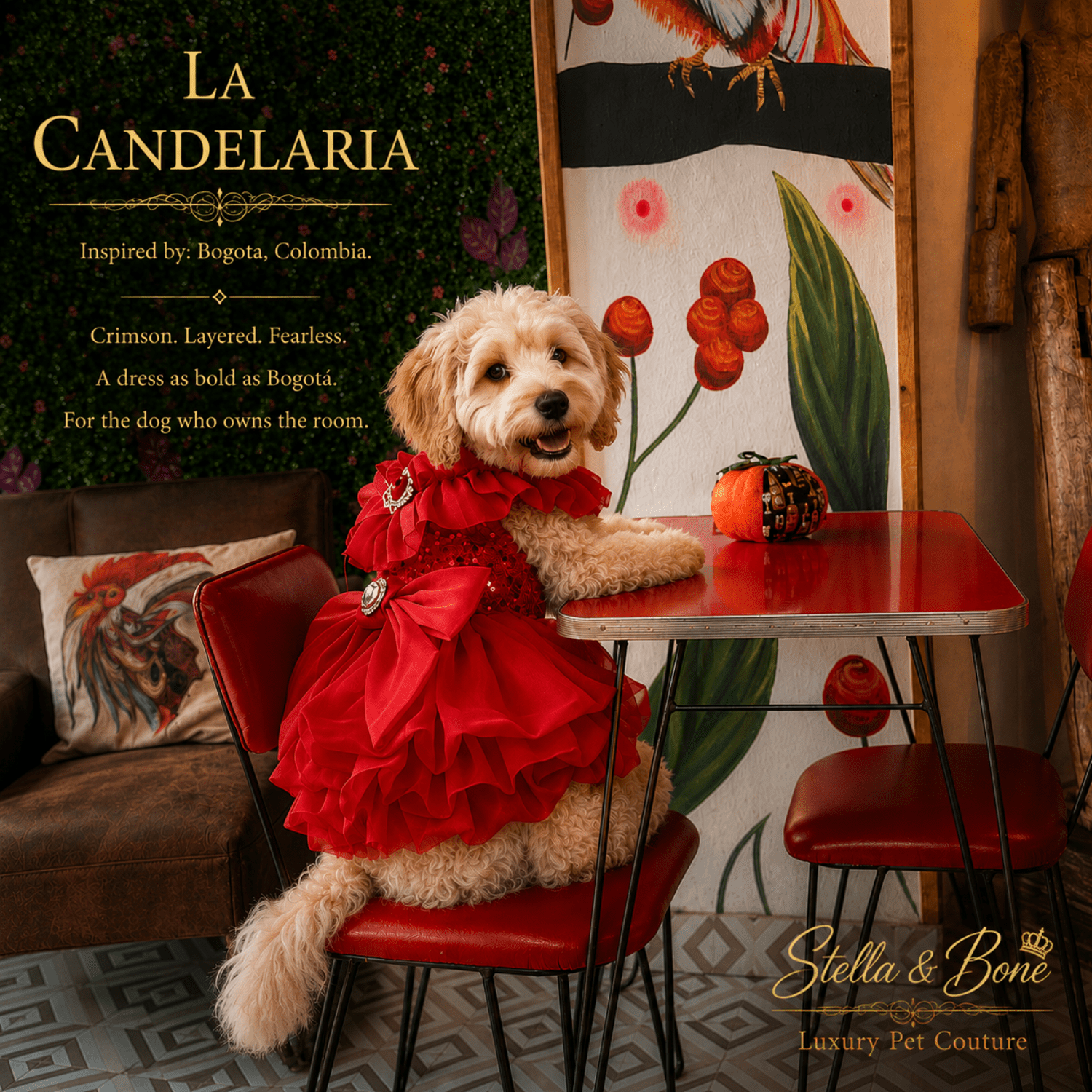 Goldendoodle in La Candelaria crimson dog dress seated at red cafe table in Bogota Colombia restaurant