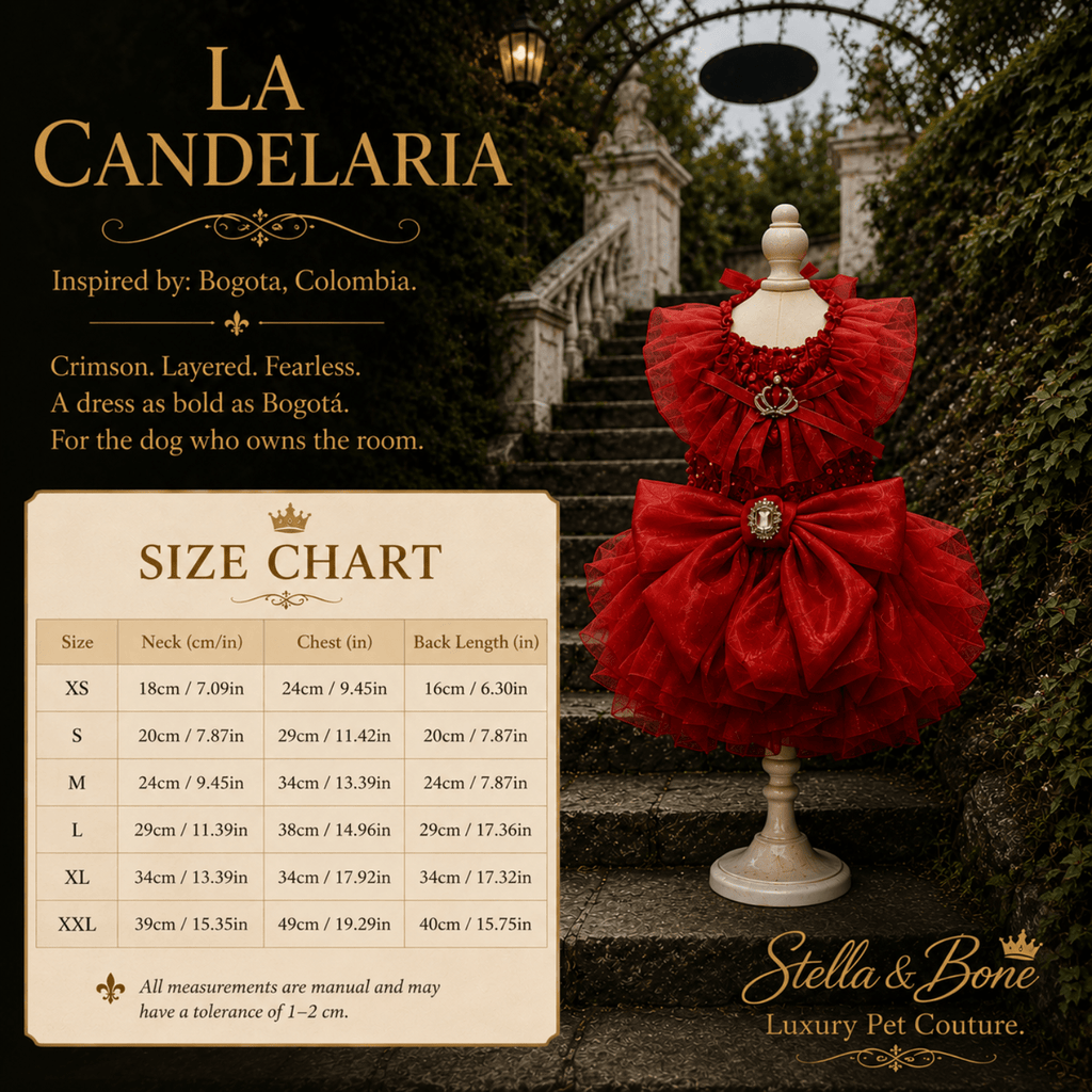 Size chart for La Candelaria crimson ballgown dog dress XS to XXL neck chest and back measurements