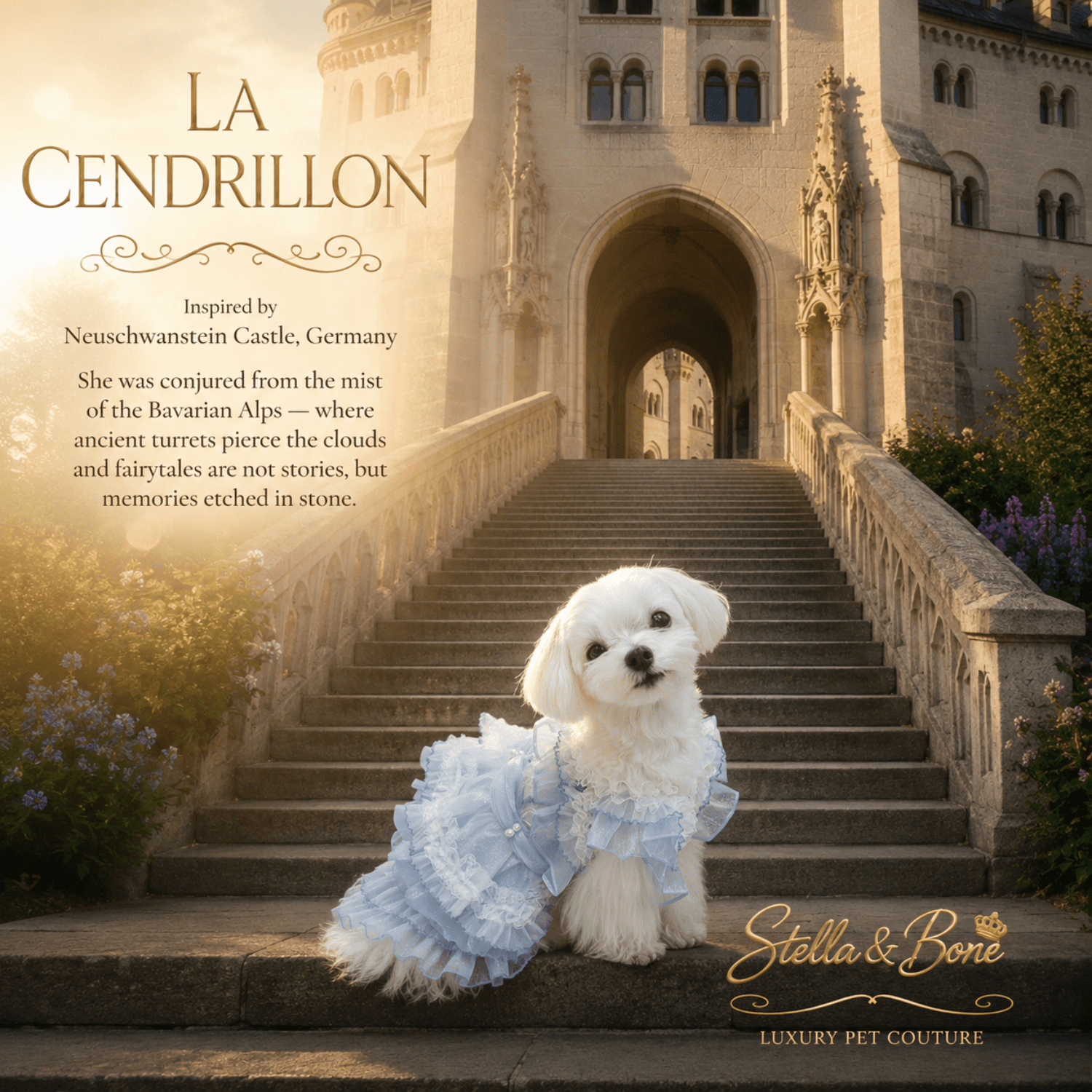 White dog in La Cendrillon blue lace wedding dress on Neuschwanstein Castle steps — luxury dog dress for special occasions